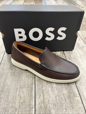 BOSS Men's Brown Leather Slip-On Loafers Sienne Dark Brown New with box